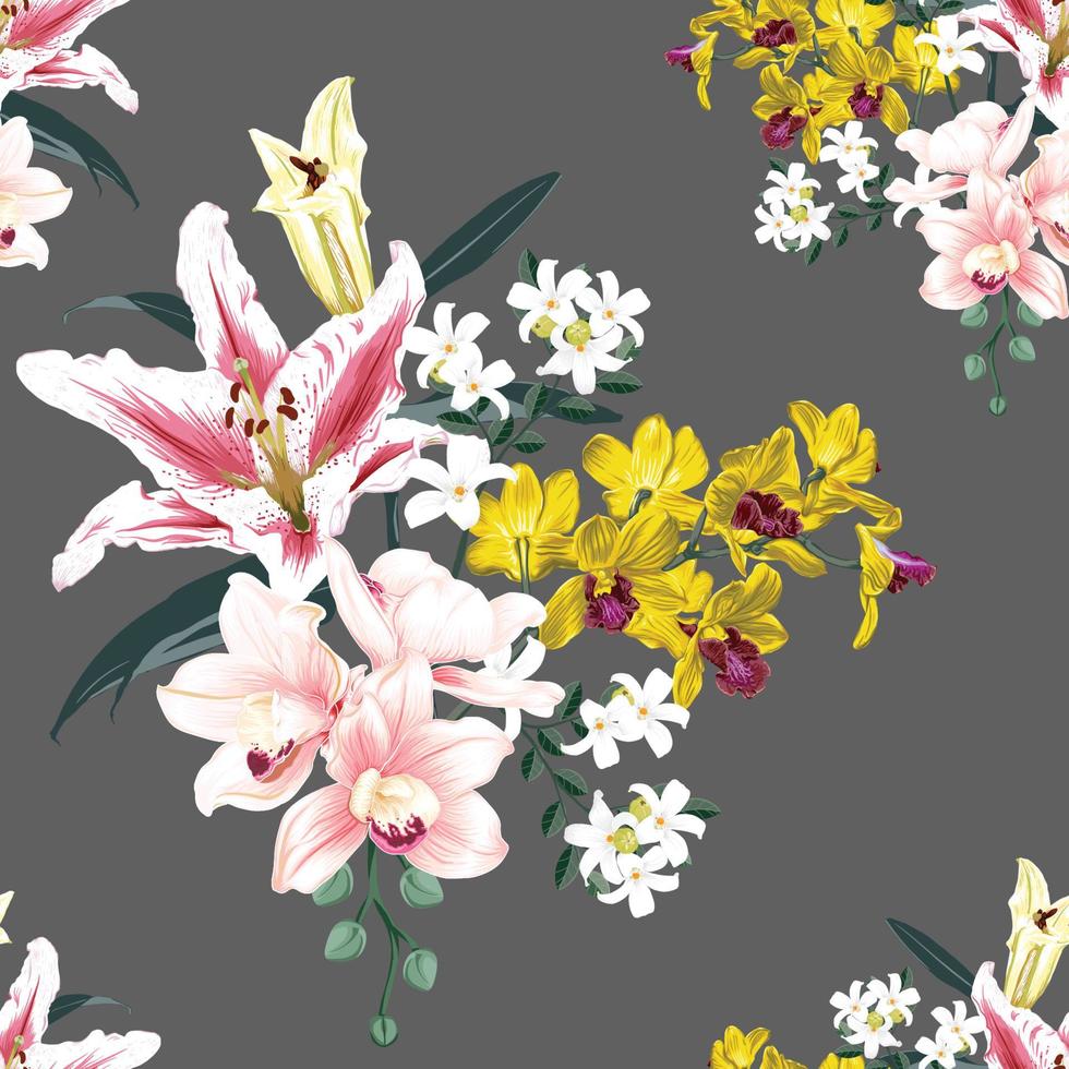 Seamless pattern floral with pink Orchid and lily flowers abstract background.Vector illustration watercolor hand drawning. vector