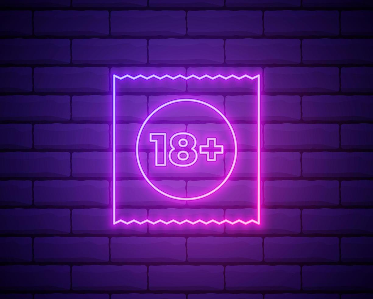 Neon light. Condom in package safe sex sign icon. Safe love symbol. Glowing graphic design. Brick wall. Vector. vector