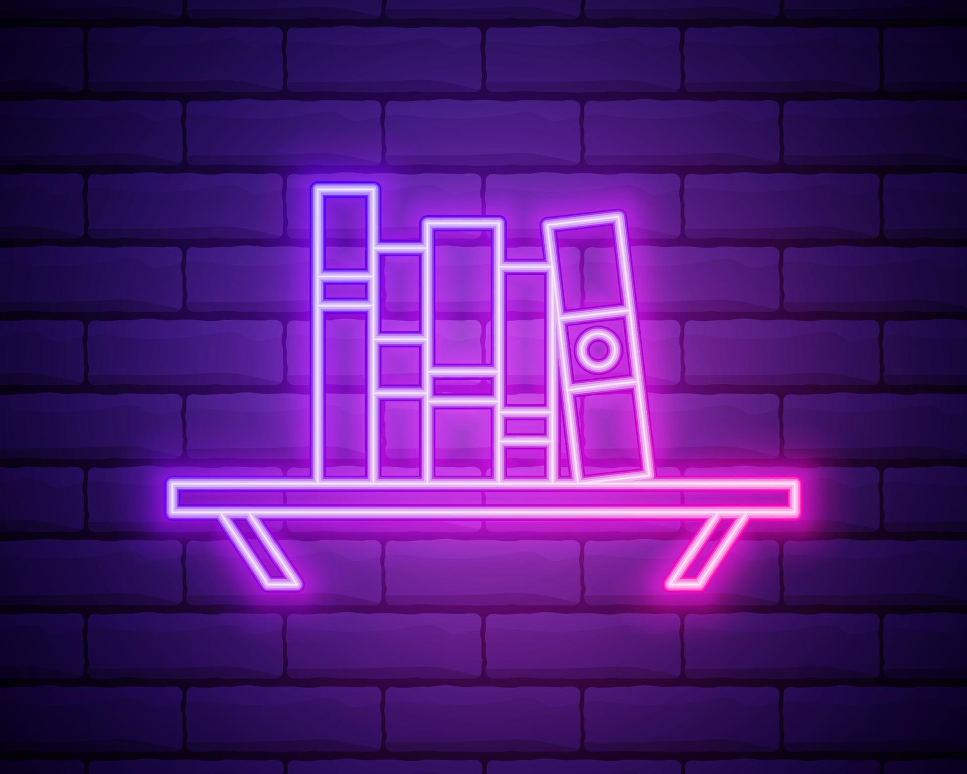 Books on shelf neon sign. Various colorful in row on shelf. Night