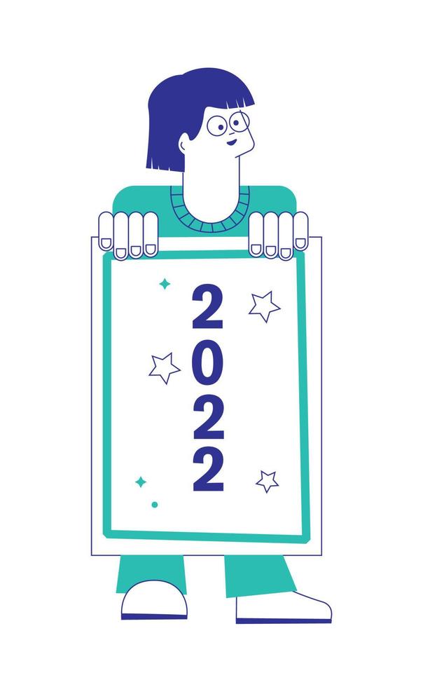 A woman hold a poster 2022 and celebrate new year. Flat Vector Illustration, Line Art. Trendy. Postcard. Vector illustration
