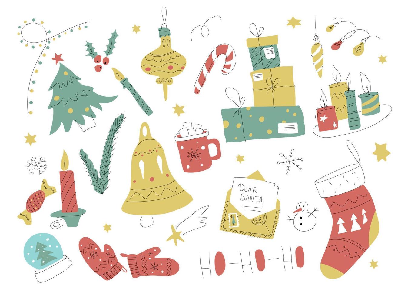 Christmas doodle collection. Hand drawn xmas Set with elements. candle, light and presents. outline graphic. Letter for Santa. vector