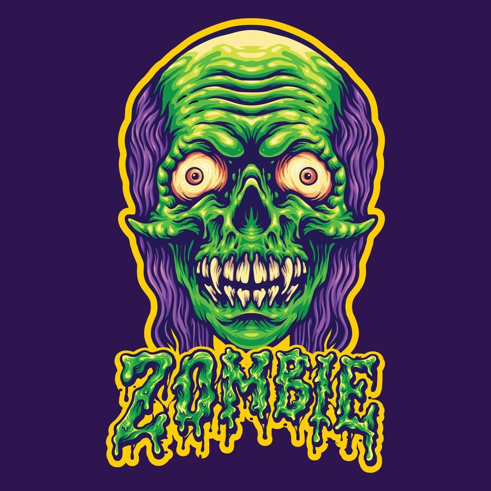 ilustraciones de texto y cabeza de zombie espeluznante vector