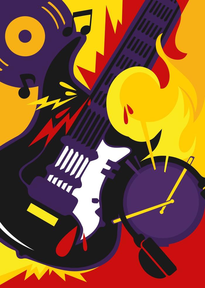 cartel de música rock con guitarra y tambor. vector