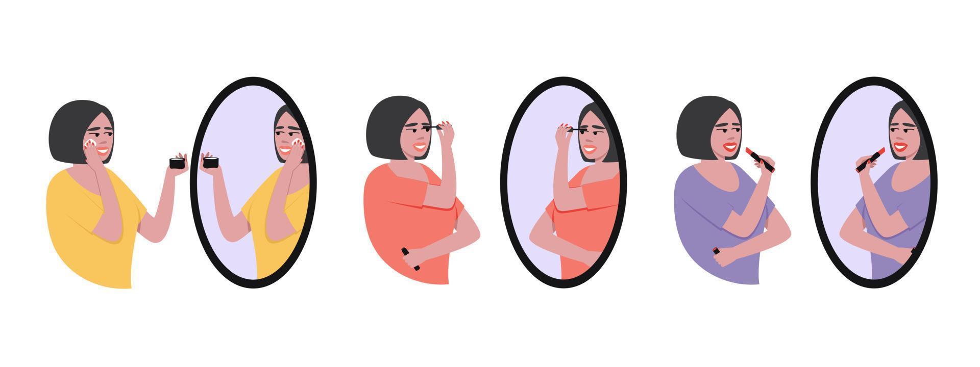 Set of woman paints lips, eyelashes with mascara and applies cream to her face, looking in the mirror vector
