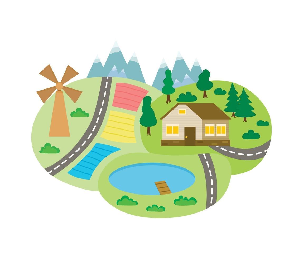 Vector rural landscape scenery icon with road path through green fields with lakes, farm houses, forest trees and mountains. Map design construction element. Spring, summer countryside.