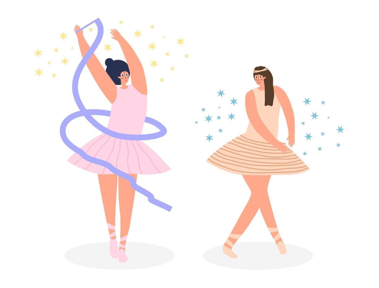 Set of ballerinas in tutu and pointe shoes, dancing and posing. Modern  flat vector illustration.