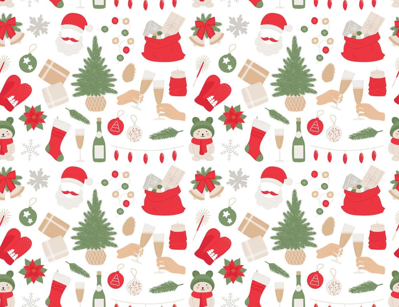 Seamles new year pattern Christmas tree, bells, ball, champagne, gifts, garland for print, textile vector
