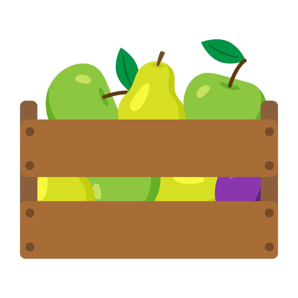 caja de madera con frutos de cosecha. manzanas, peras y ciruelas. los agricultores cosechan, cosechan. frutas orgánicas frescas. comida para veganos y buena nutrición. ilustración enemigo web, banner, supermercado, mercado vector