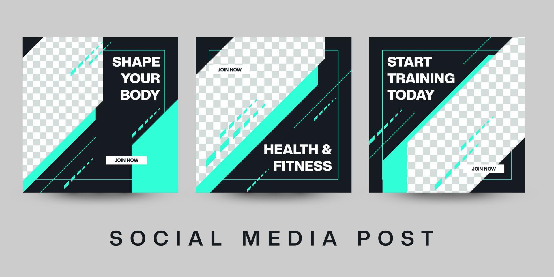 diseño de vector de promoción de banner de fitness deportivo. colección de publicaciones de redes sociales saludables de estilo de vida de gimnasio.