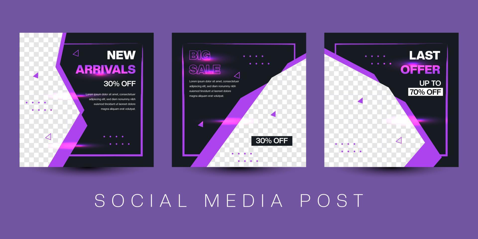sale banner post with purple and black background. Social media post promotion new product. Vector illustration.