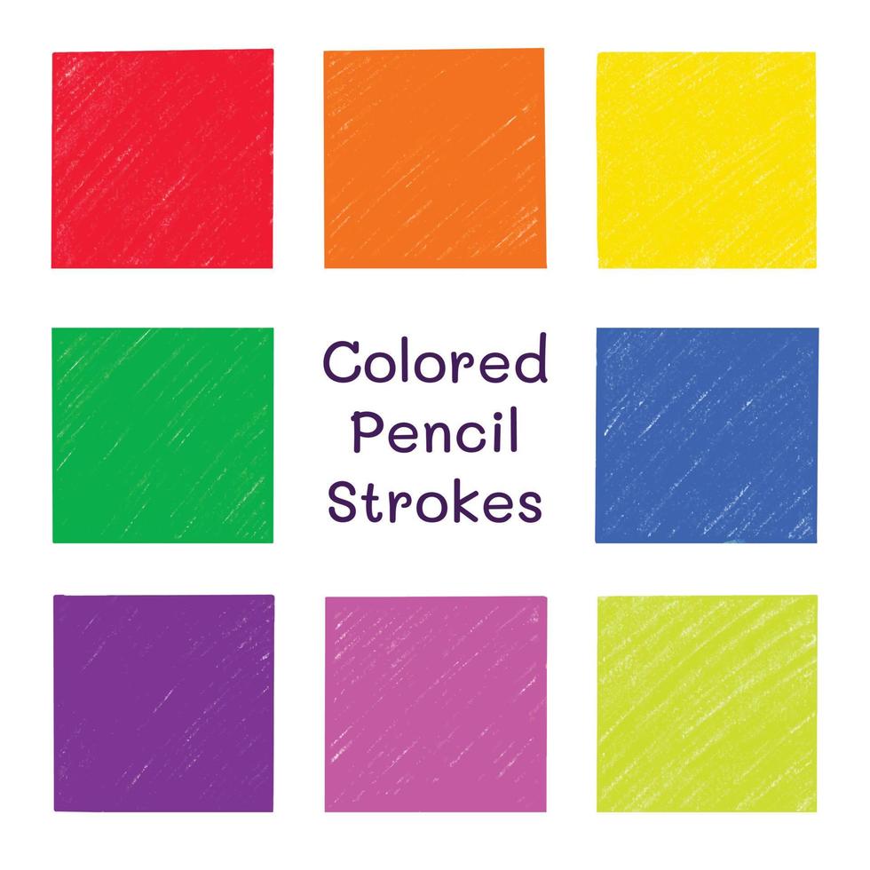 Colored pencil strokes vector set. Crayon texture background collection isolated on white. Hand drawn square fill scribbles, rainbow bright colors