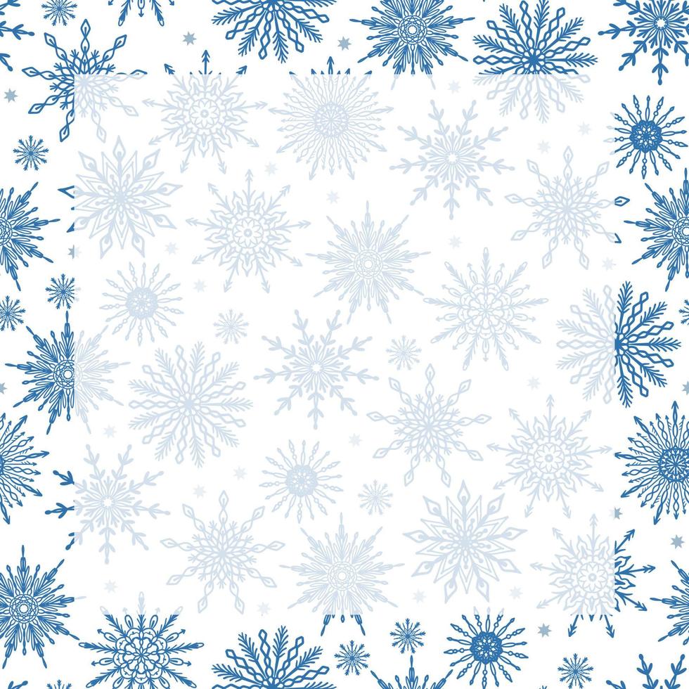 Cute festive winter season pattern background with various snowflake icons on white background and square transparent copy space. Christmas design template vector