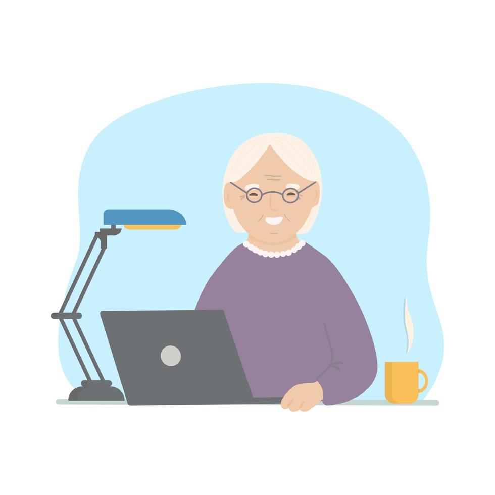 Happy grandma with laptop. Cheerful senior woman using her laptop while sitting. Vector hand drawn illustration.