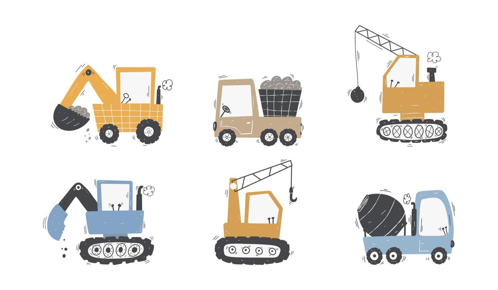 lindo juego de camiones y excavadoras para niños en estilo escandinavo sobre un fondo blanco. equipo de construcción. transporte de construcción divertido. vector