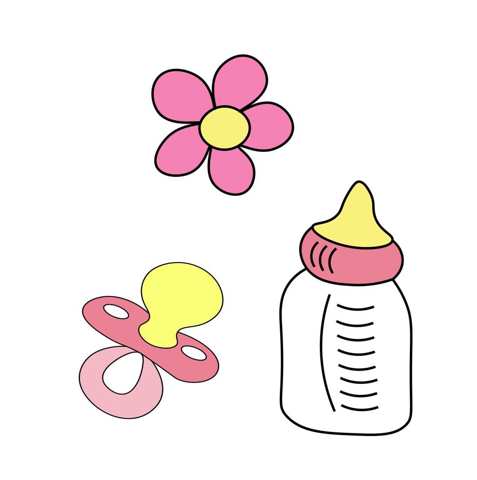 set of baby milk bottles, pacifier and pink flower. vector