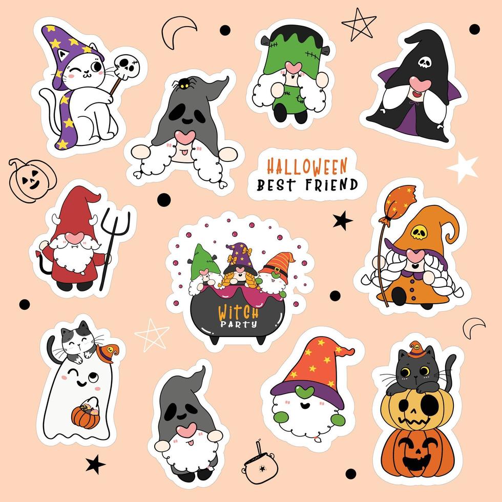 conjunto de lindo gnomo de halloween y gato en la colección de pegatinas de dibujos animados de fiesta de disfraces. vector