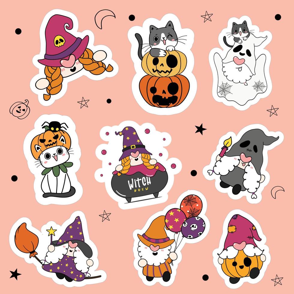 Set of 9 cute Halloween Gnome and cat in fancy costume party cartoon sticker collection. vector