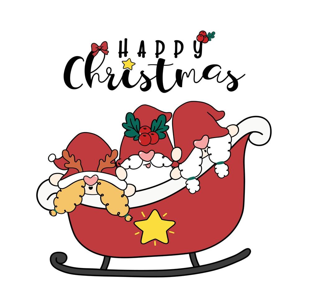 Group of Three happy smilling Christmas Gnome in Santa sleigh, cute cartoon doodle flat vector. vector