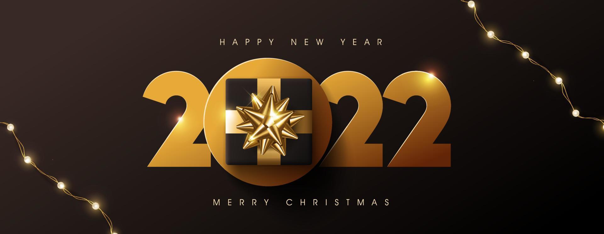 feliz navidad y próspero año nuevo 2022 diseño de texto decorado con caja de regalo vector