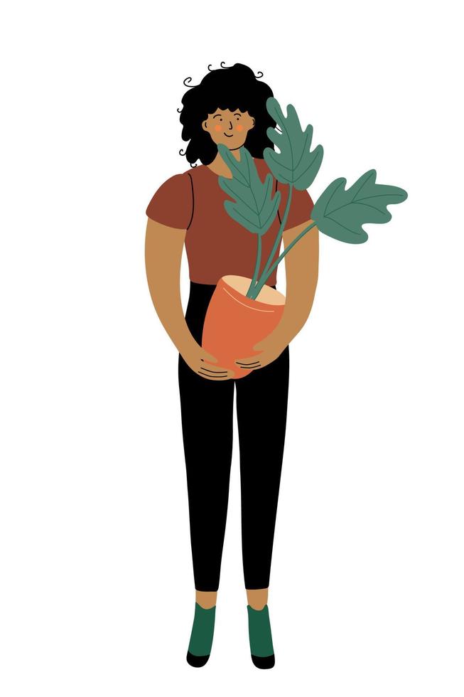 Beautiful african american woman with a monstera potted plant vector