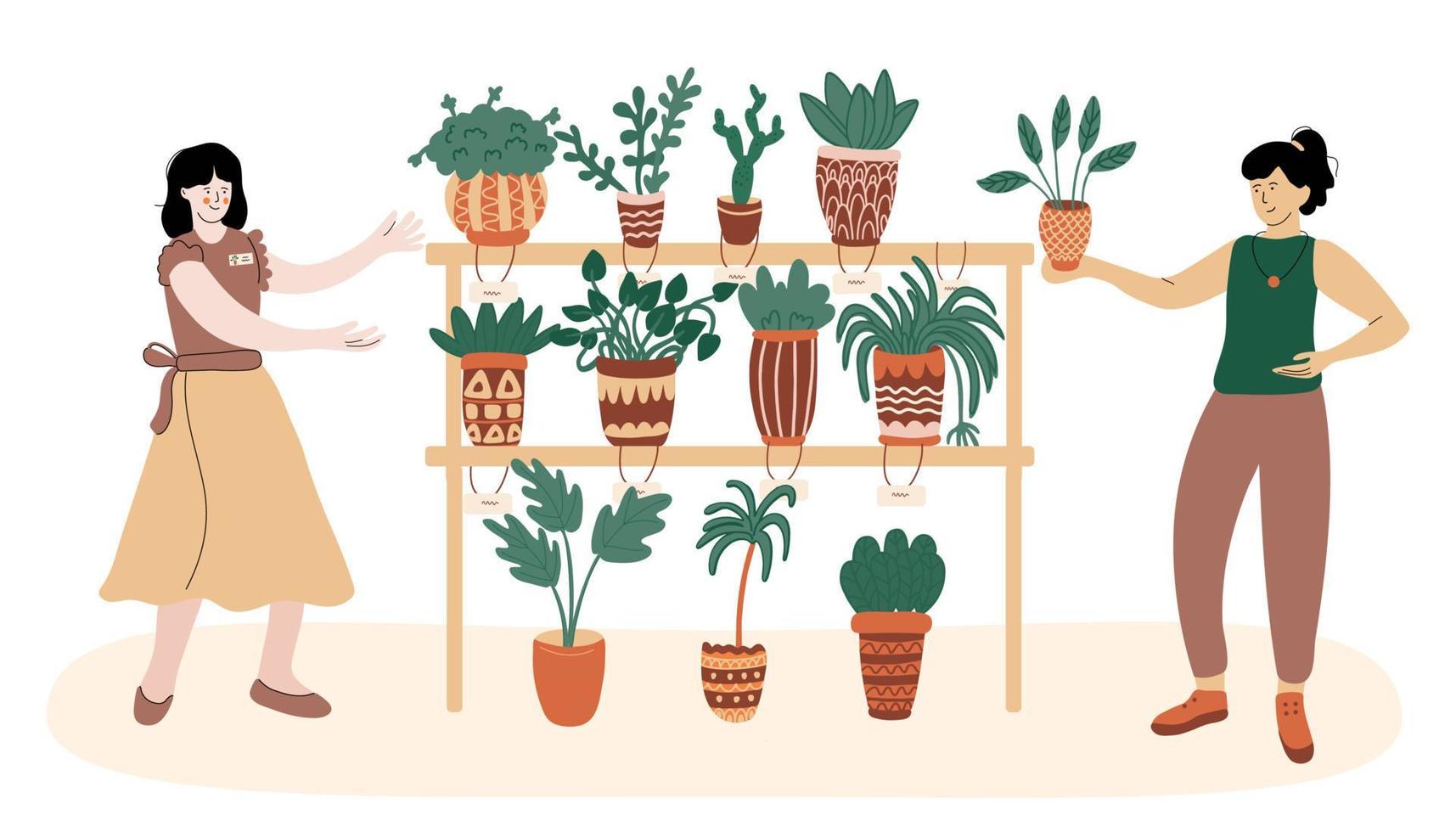 Woman choosing a new houseplants in the market. vector