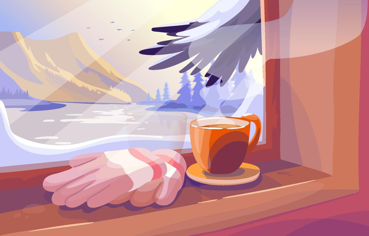 Beautiful Sunrise Winter Scenery over Window with Coffee Cup vector