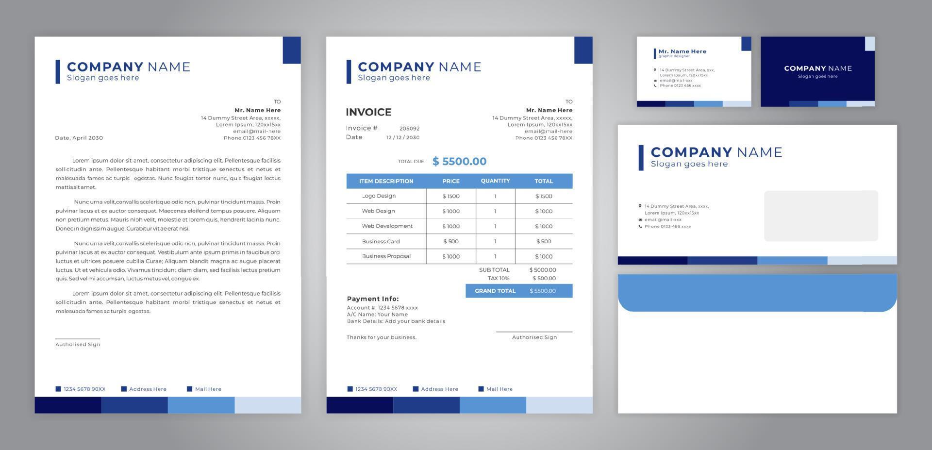 conjunto de membrete, factura, tarjeta de visita y sobre vector