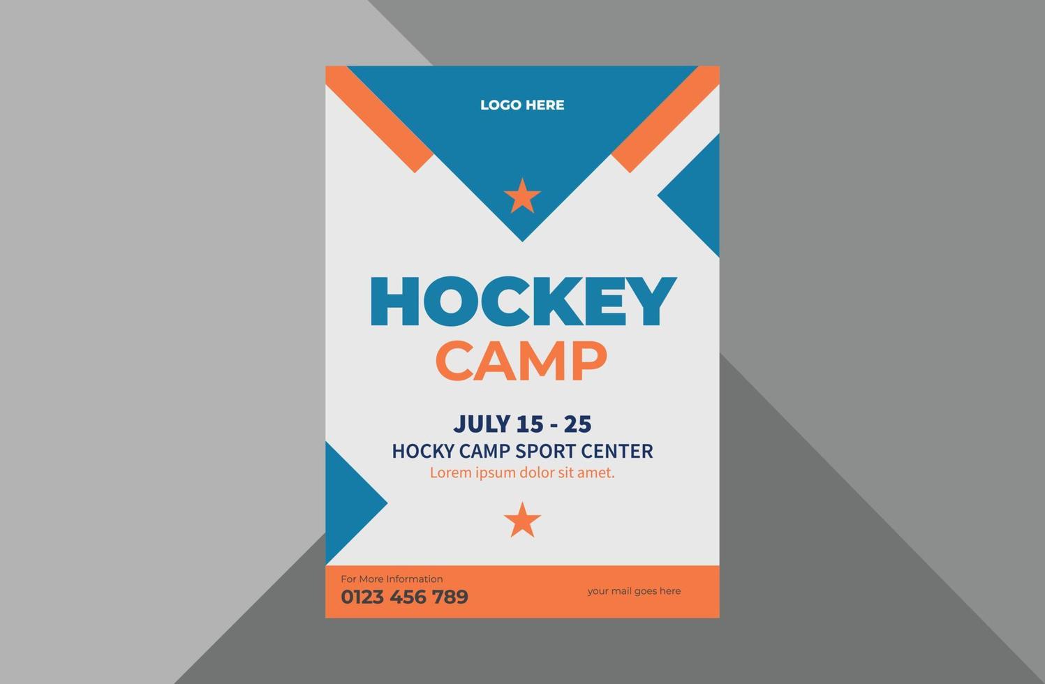 plantilla de diseño de volante de campamento de hockey. Diseño de folletos de carteles de eventos deportivos. folleto de deportes de hockey. plantilla a4, diseño de folleto, portada, volante, póster, listo para imprimir vector