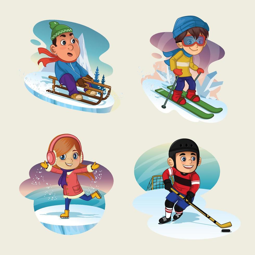 conjunto de personajes de niños en el deporte de invierno vector