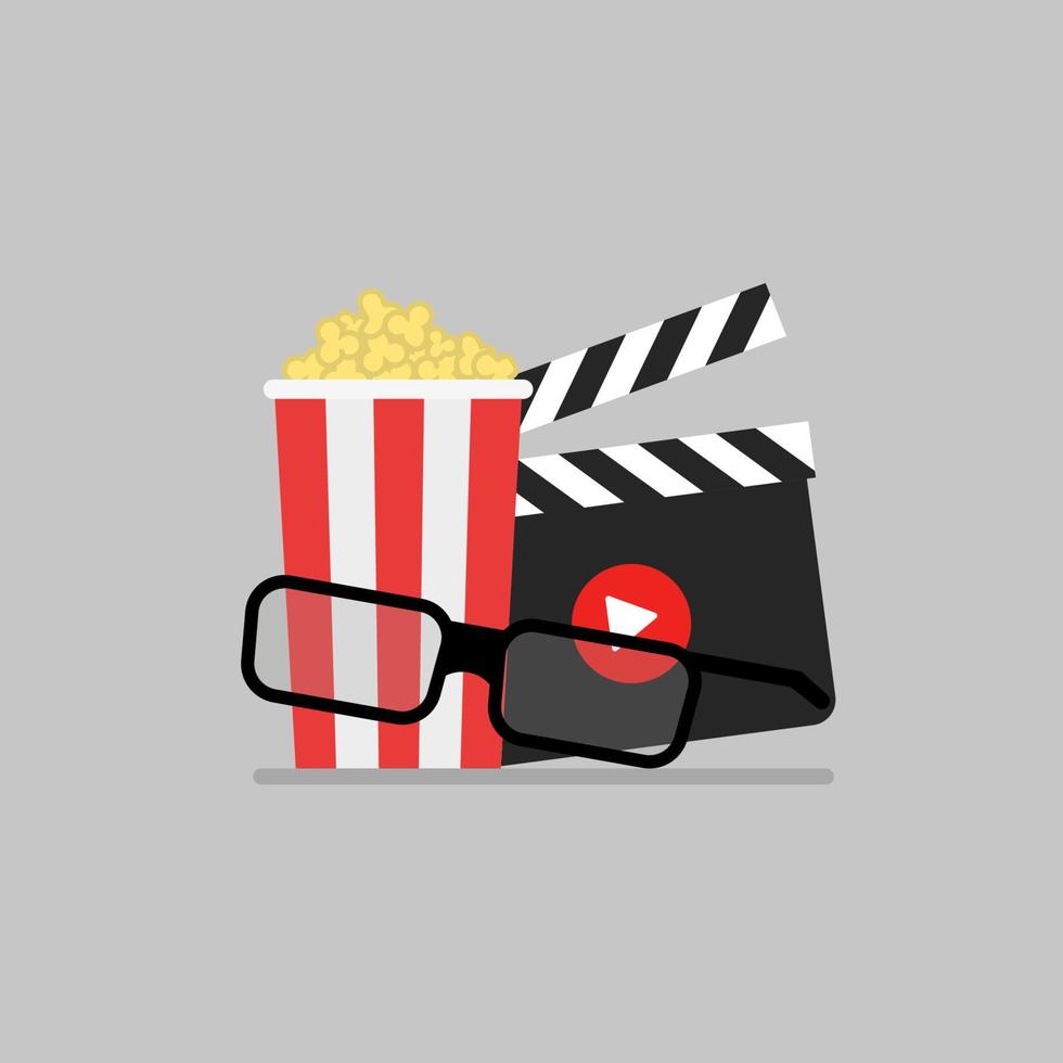 Popcorn, cinema glasses, and movie. Cinema illustration, vector in flat design