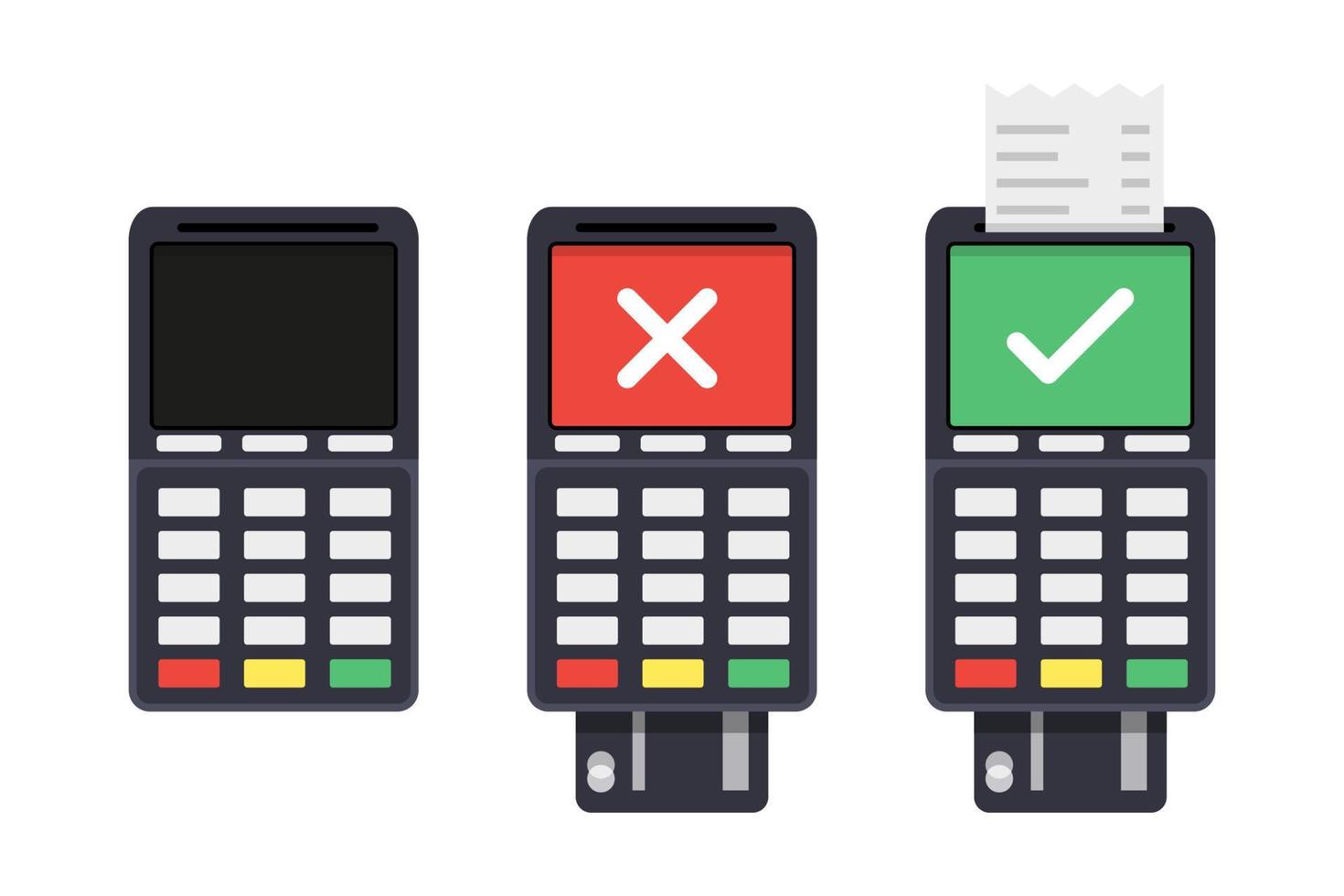 Set of POS terminal. Off, Rejected , and Accepted, with receipt. Vector illustration in flat design