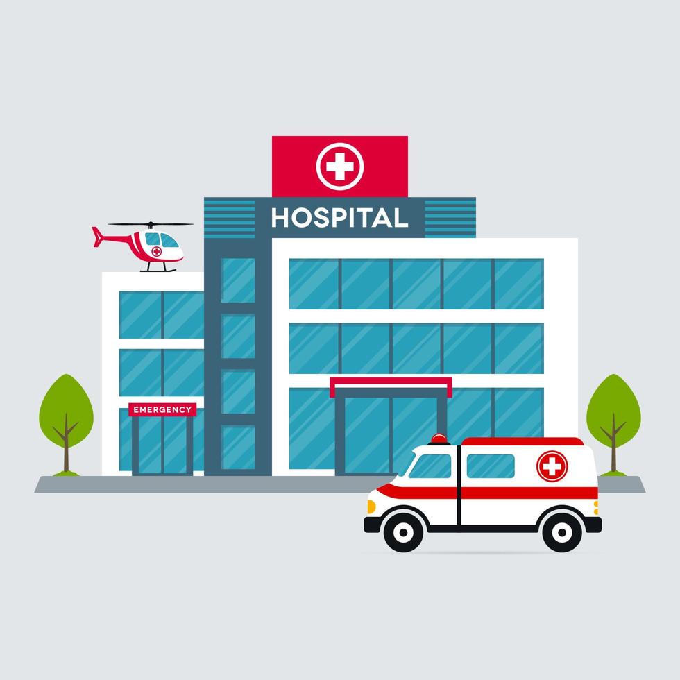 Hospital Building with Ambulance Car and Helicopter vector