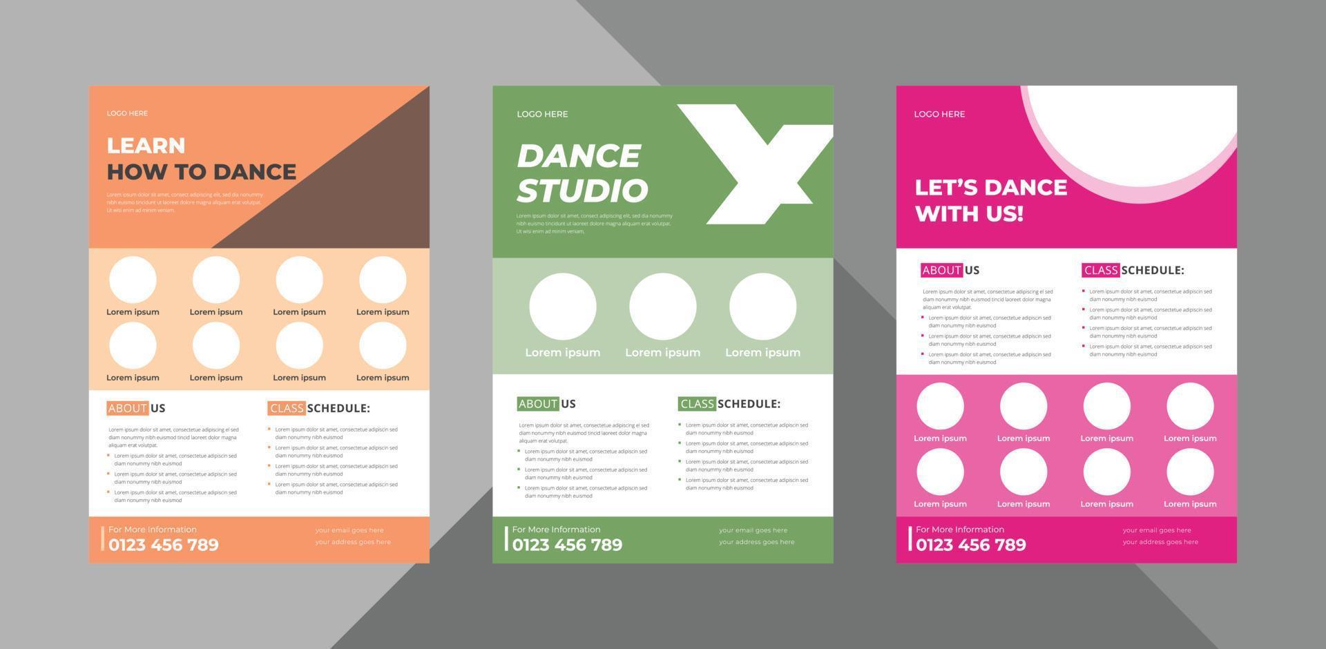 dance studio flyer design template bundle. dance class poster leaflet design. bundle, 3 in 1, a4 template, brochure design, cover, flyer, poster, print-ready vector