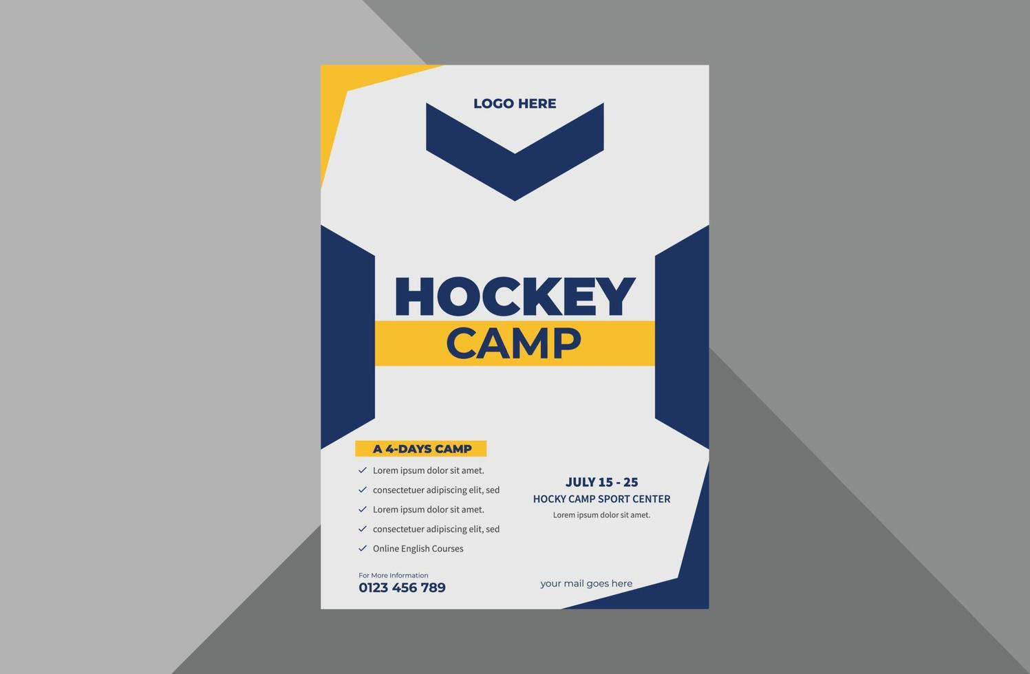 plantilla de diseño de volante de campamento de hockey. Diseño de folletos de carteles de eventos deportivos. folleto de deportes de hockey. plantilla a4, diseño de folleto, portada, volante, póster, listo para imprimir vector