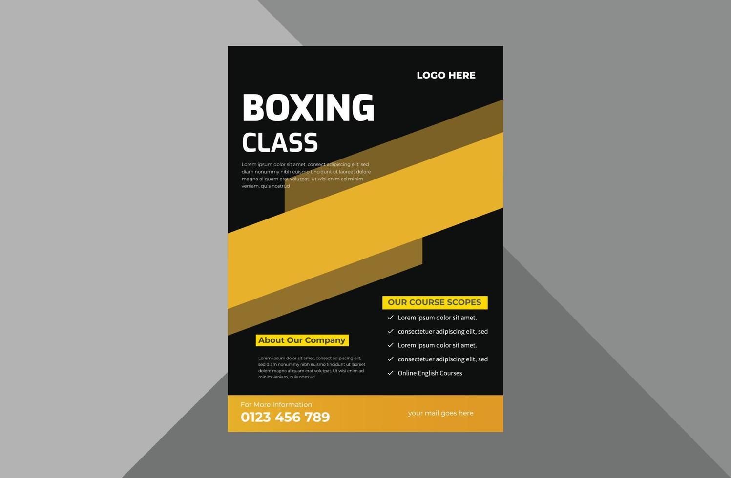 plantilla de diseño de volante de escuela de boxeo. diseño de folleto de cartel de deportes de boxeo. plantilla a4, diseño de folleto, portada, volante, póster, listo para imprimir vector