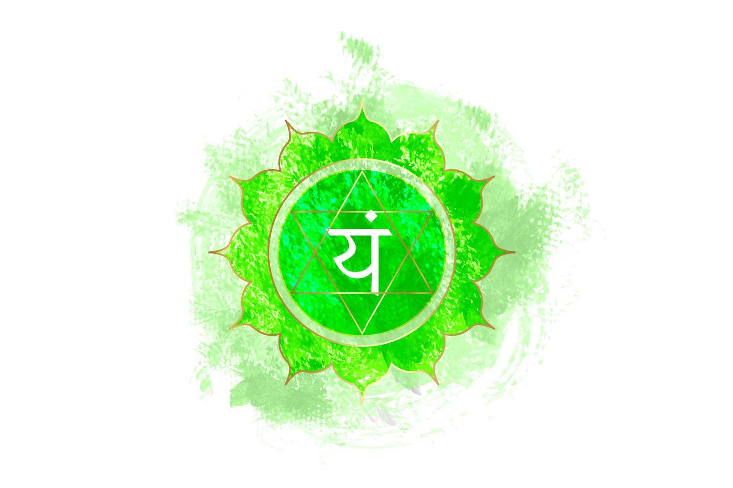 Fourth chakra of Anahata, heart chakra logo template in watercolor style. Green mandala. Hindu Sanskrit seed mantra Vam. Symbol for meditation, yoga. Vector isolated on white background