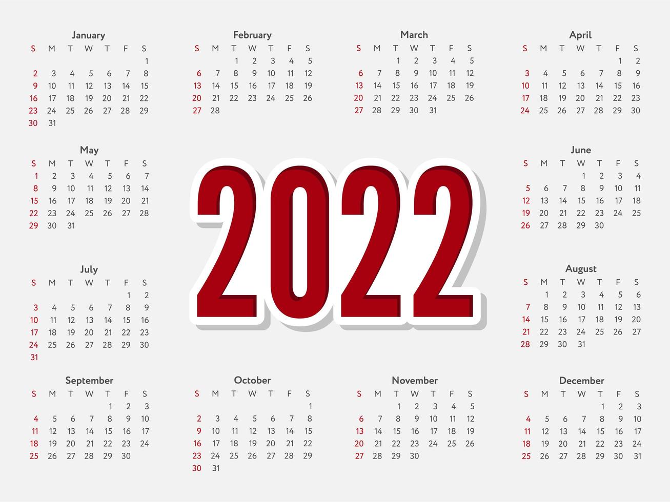 2022 Christmas lettering golden New Year Sketch Calendar Week starts on Sunday. vector