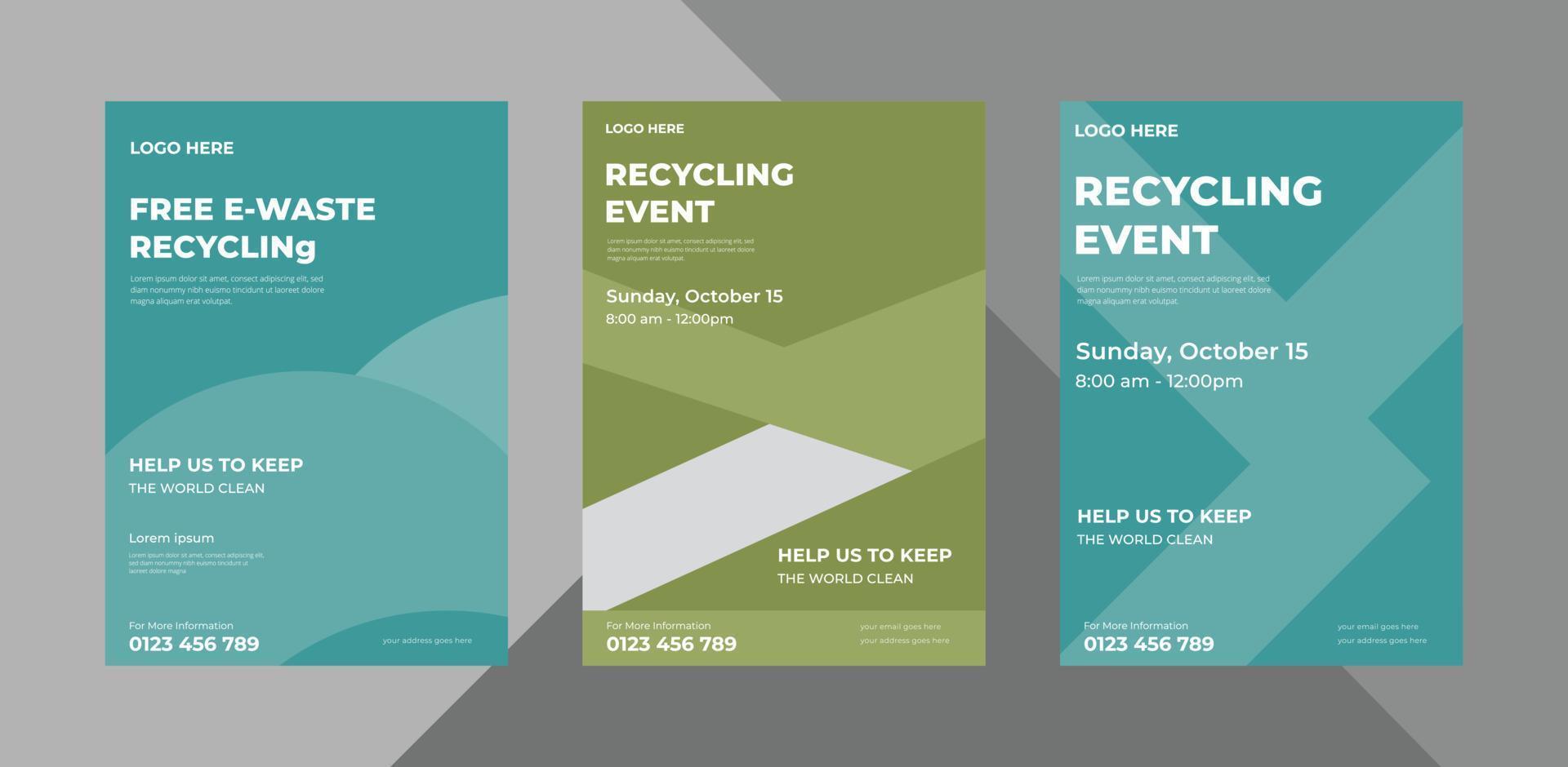 plantilla de diseño de volante de evento de reciclaje. Diseño de folletos de carteles de eventos de reciclaje global. paquete, plantilla a4, diseño de folleto, portada, volante, póster, listo para imprimir vector