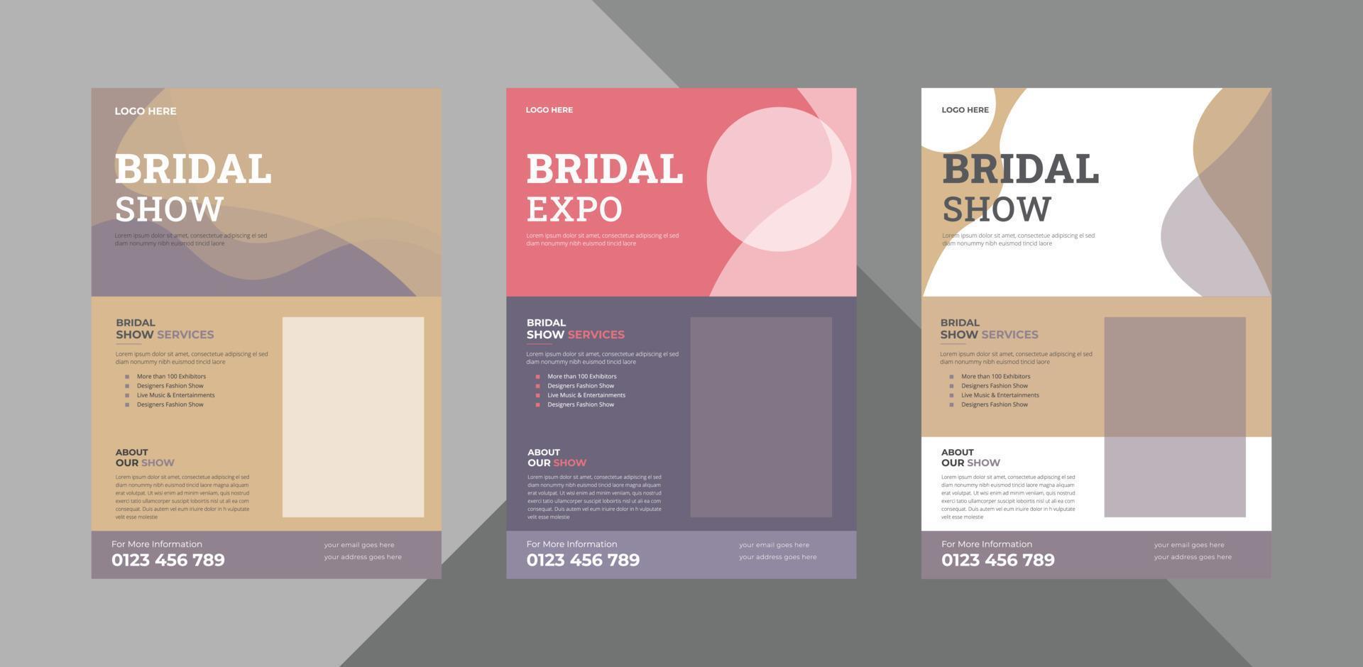 bridal expo flyer design template bundle. decorative bridal poster leaflet design. bundle, 3 in 1, a4 template, brochure design, cover, flyer, poster, print-ready vector