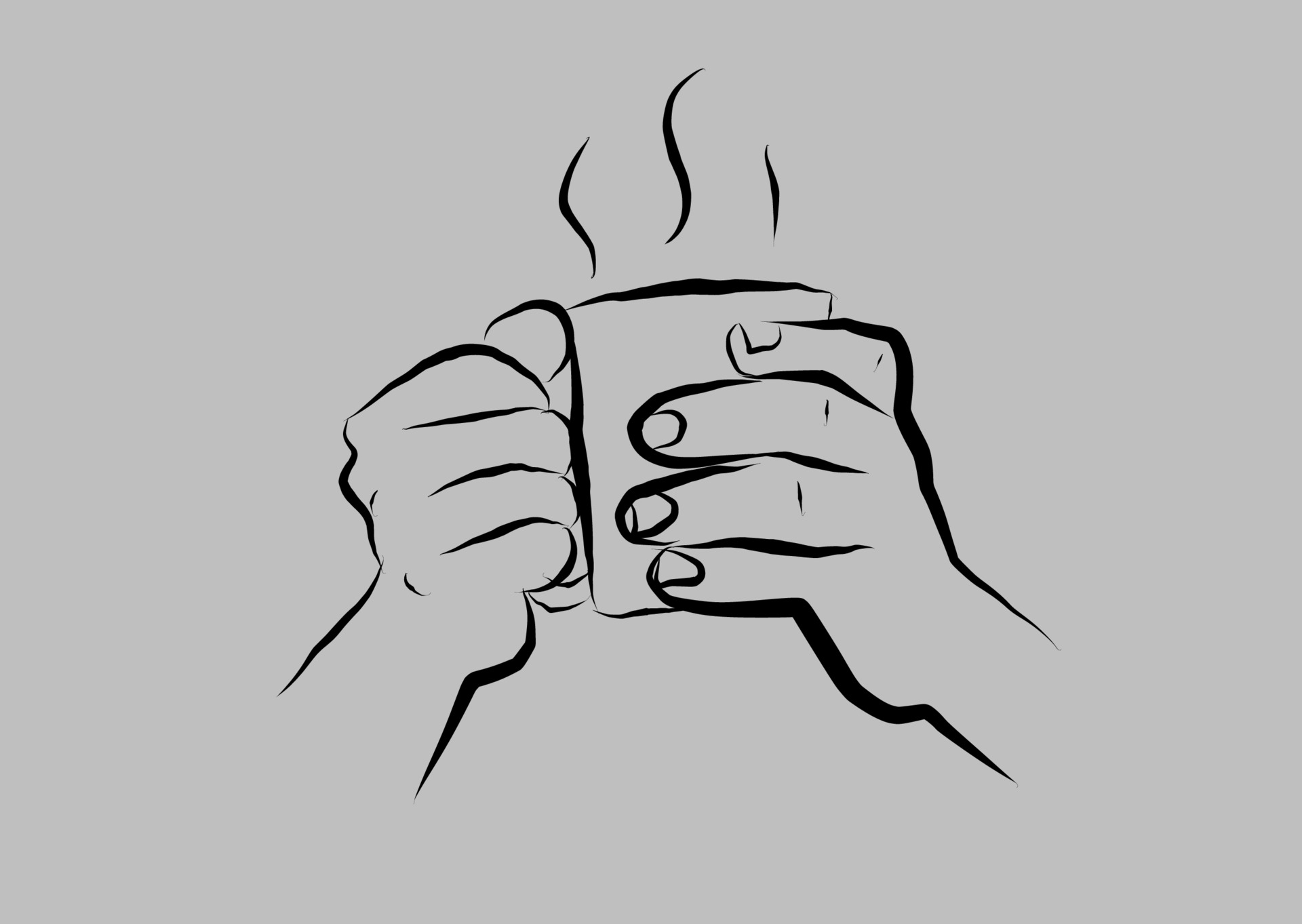 hand hold a coffee cup hand drawn, line drawing isolated symbol at grey