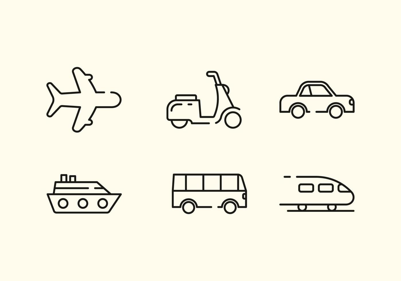 Transport icons. Airplane, Scooter, Car, Ship, Bus and Train. Transport symbol. Airmail delivery sign. vector
