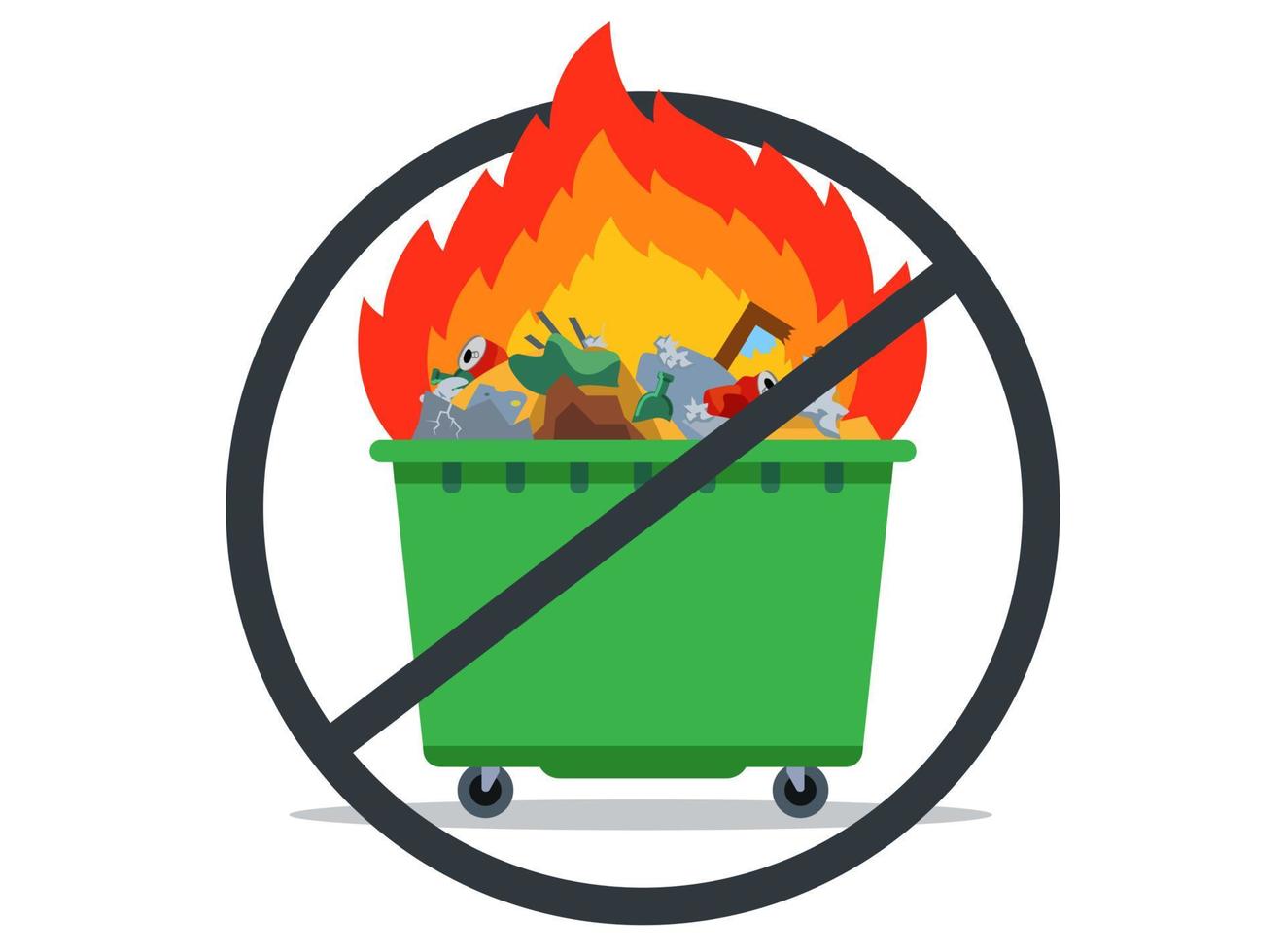 ban on burning garbage. burning waste tank. flat vector illustration