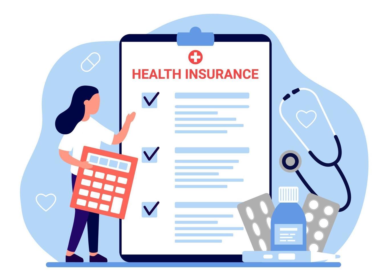 Health insurance, tax claim law document. Woman count form of healthcare with calculator. Vector illustration