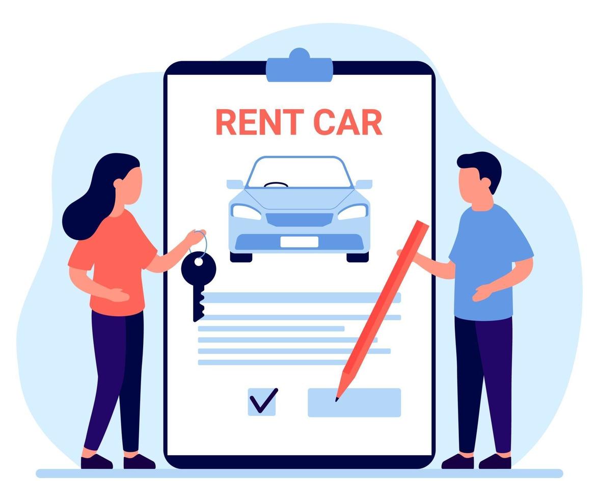 Car rent, lease auto. Sign document and owner give automobile key to customer. Agreement of rental car driving. Vector illustration