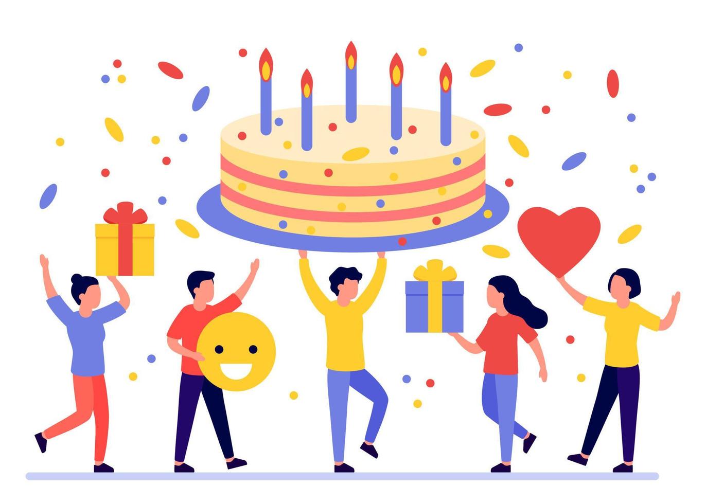 Birthday Cake, gift box and greeting of group happy people on celebration party. Men and women giving gifts. Friends Enjoying the Party. Happy Birthday Concept. Reward, prize. Vector illustration