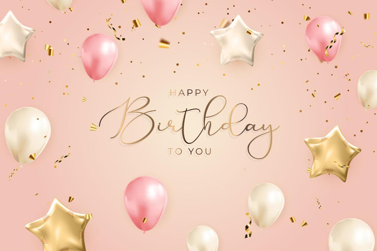 Happy Birthday congratulations banner design with Confetti, Balloons and Glossy Glitter Ribbon for Party Holiday Background. Vector Illustration