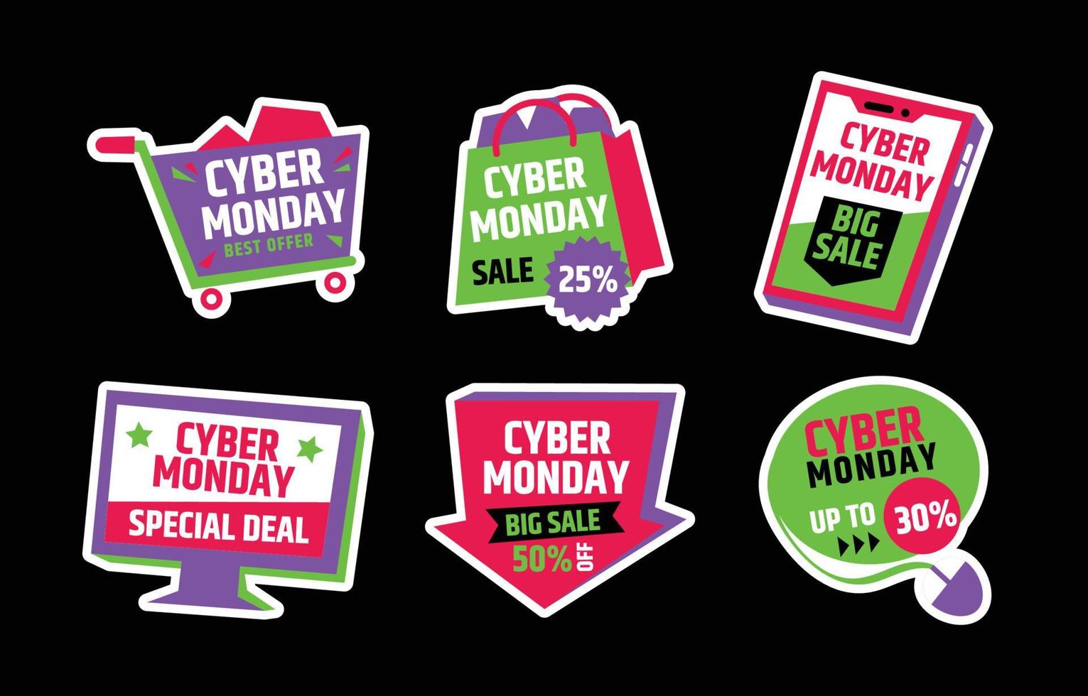 conjunto de pegatinas de descuento cyber monday vector