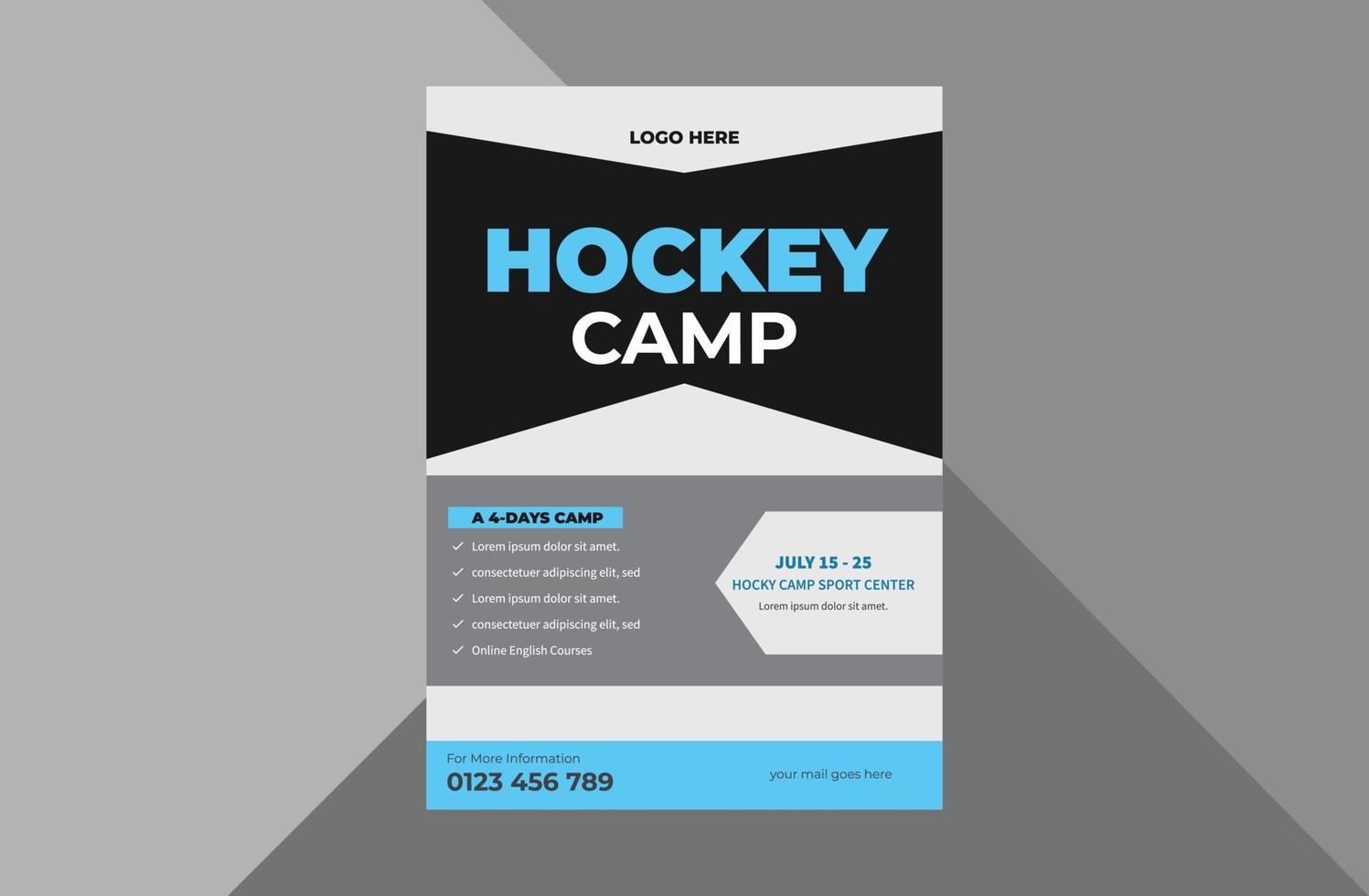 plantilla de diseño de volante de campamento de hockey. Diseño de folletos de carteles de eventos deportivos. folleto de deportes de hockey. plantilla a4, diseño de folleto, portada, volante, póster, listo para imprimir vector