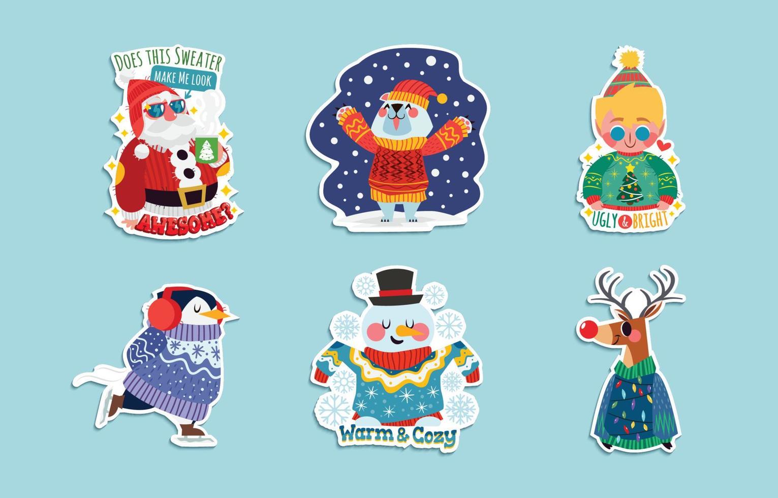 paquete de pegatinas de suéter feo con personajes navideños vector