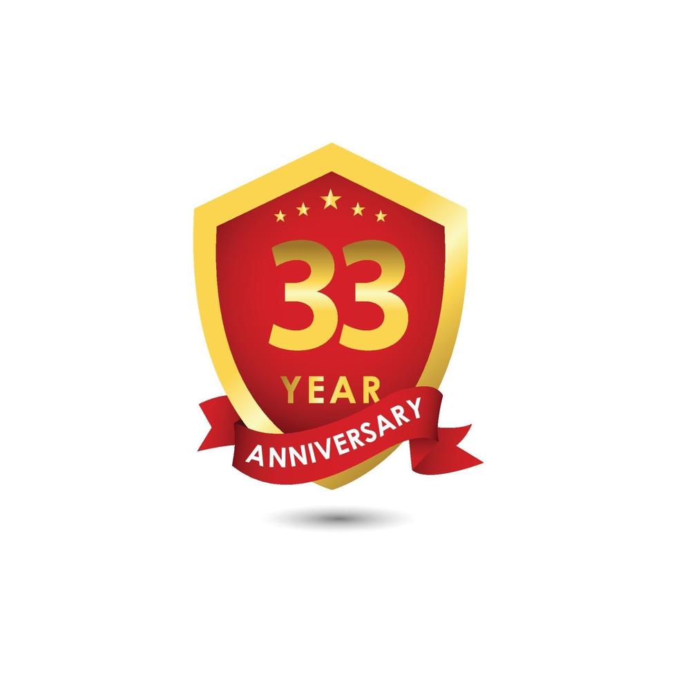 33 Years Anniversary Celebration Emblem Red Gold Vector Template Design Illustration